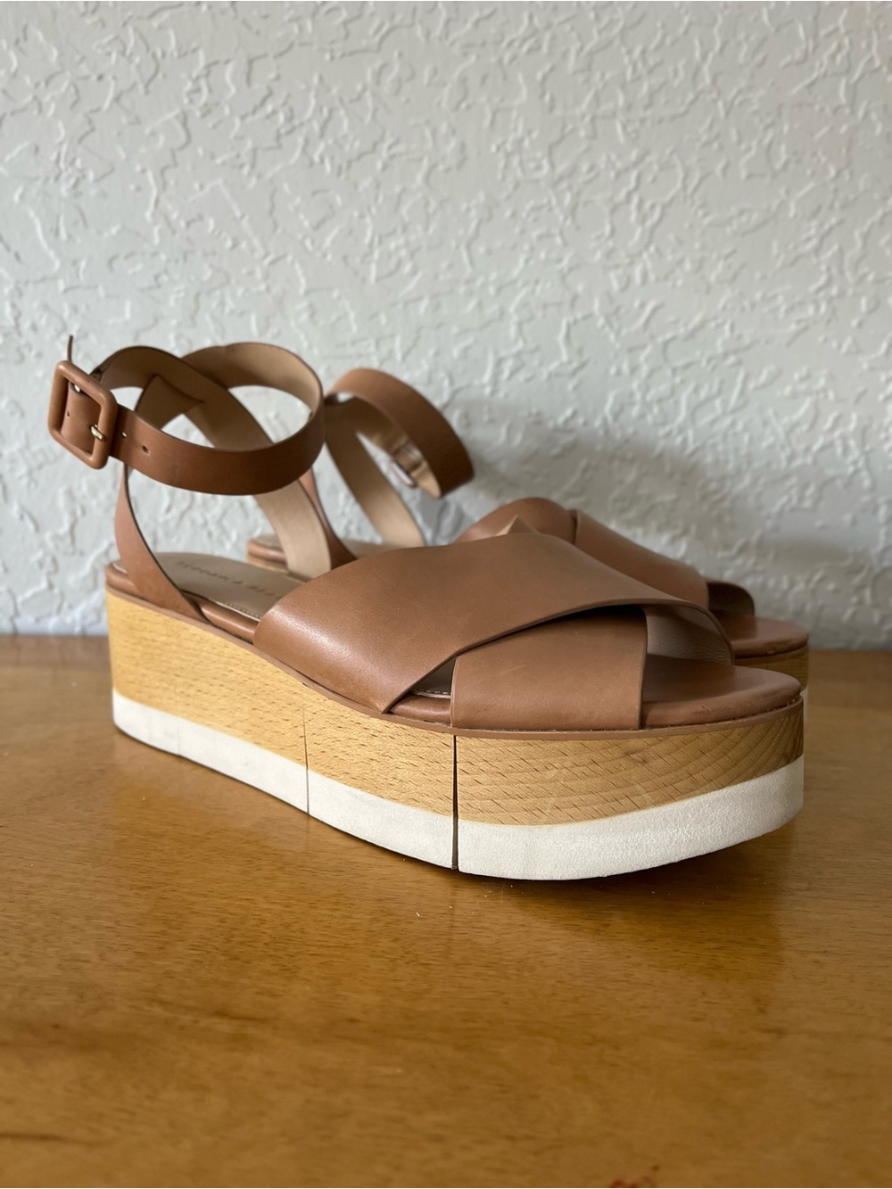Veronica Beard Wynie Tan Leather Ankle Strap Plaform Sandal